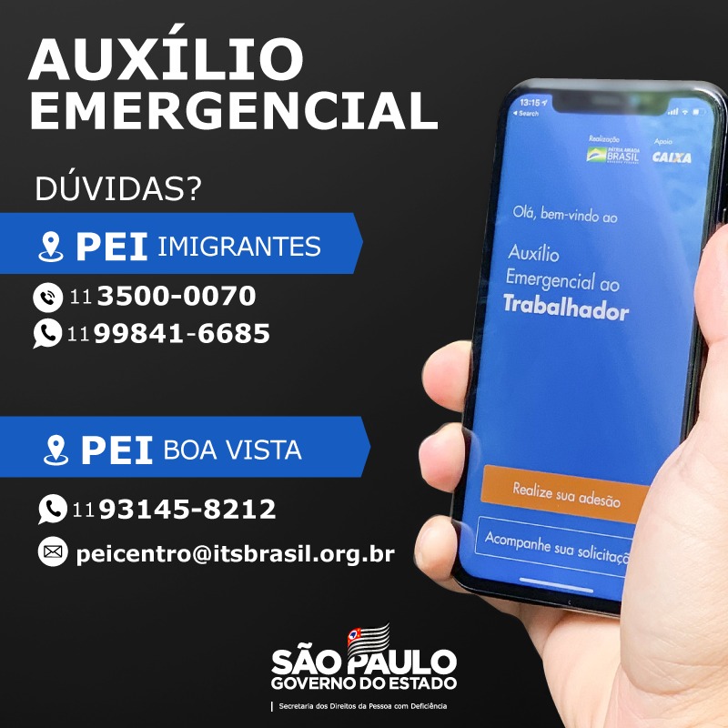 card informativo com dados do post e foto de mão segurando celular, em sua tela a página do Auxílio Emergencial ao Trabalhador